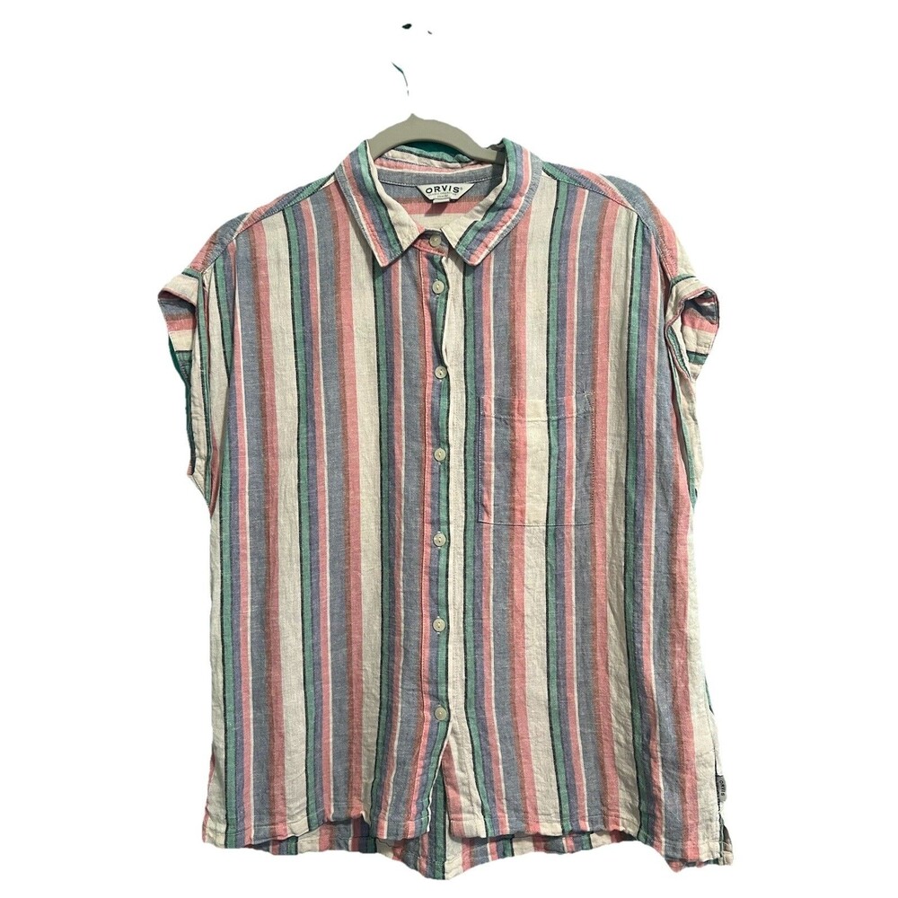 Orvis Womens Linen Blend Shirt S Pastel Stripe Short Sleeve Button Down Summer